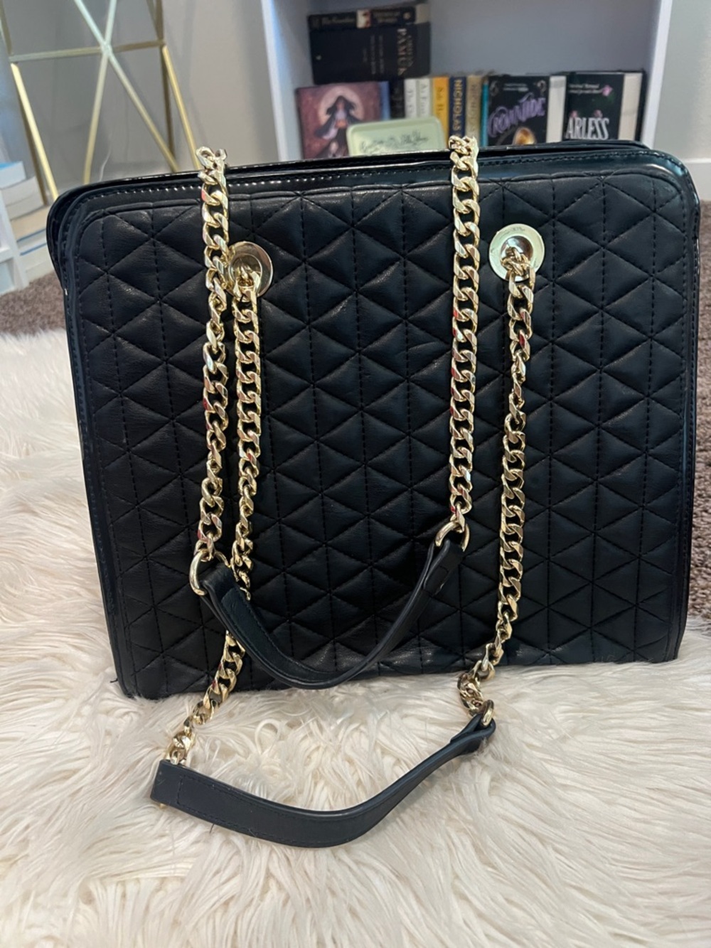 bebe Black Quilted Shoulder Bag with Gold Chain Handles
